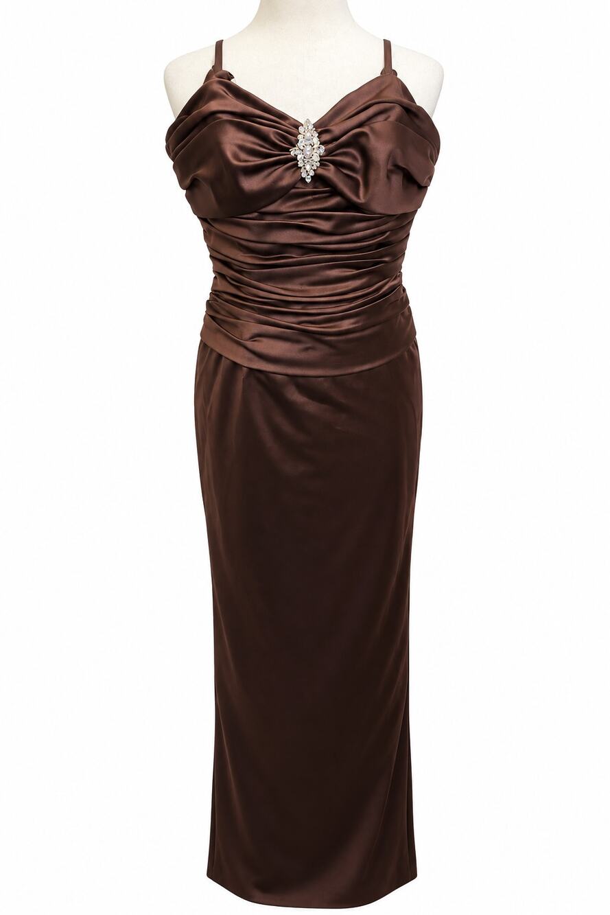 Da Vinci Chocolate Brown Satin Formal Gown Jeweled Ruched Size 10 NWT